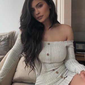 oatmeal long sleeve off the shoulder dress